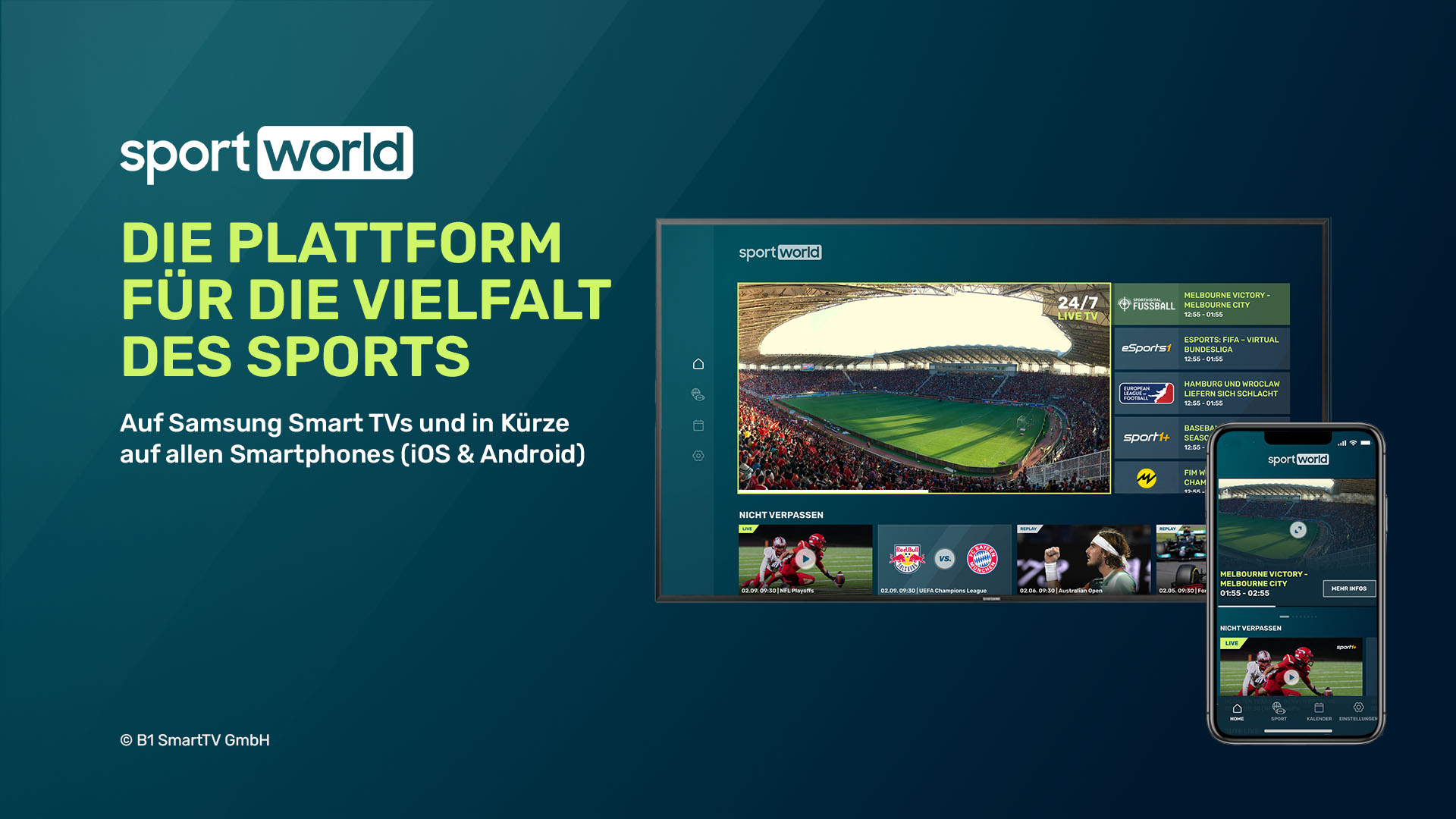 Sportdigital mit allen drei Sport-Sendern vertreten: B1 Smart TV launcht „Sportworld“ bei Samsung